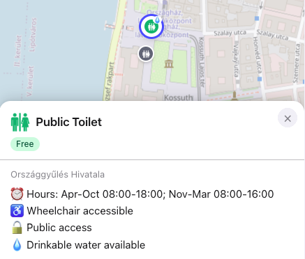Toilet Zone map with a public toilet open — free label, opening hours, and walking details